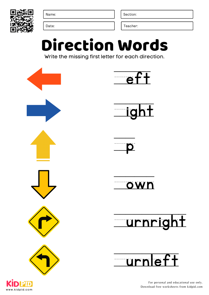 Direction Vocabulary Worksheet For Kindergarten Kidpid