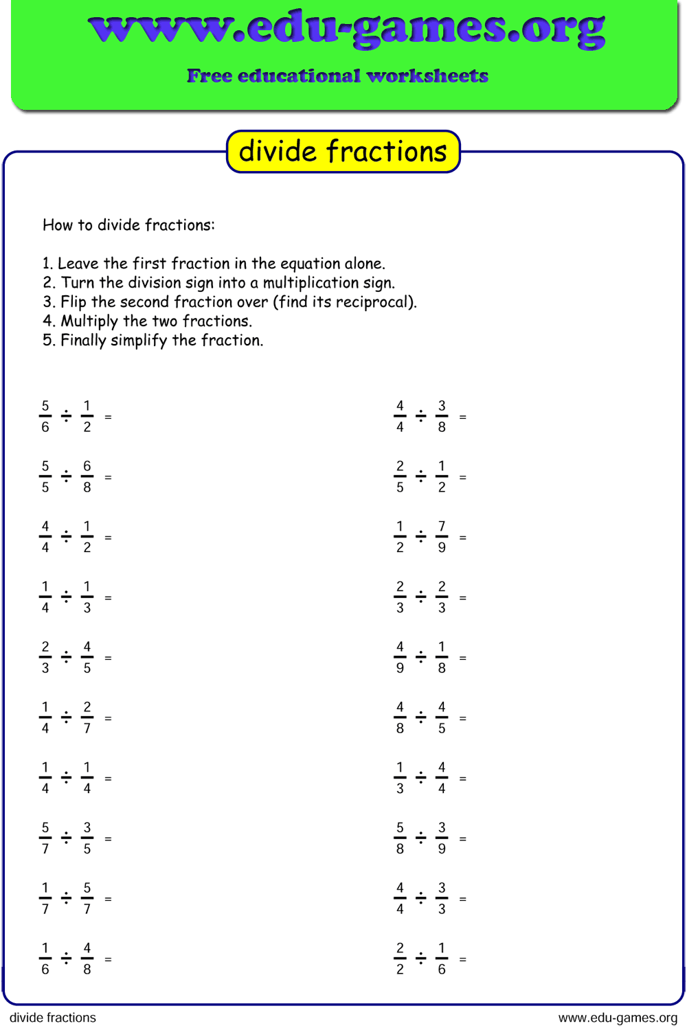 Dividing Fractions Worksheet Edu games