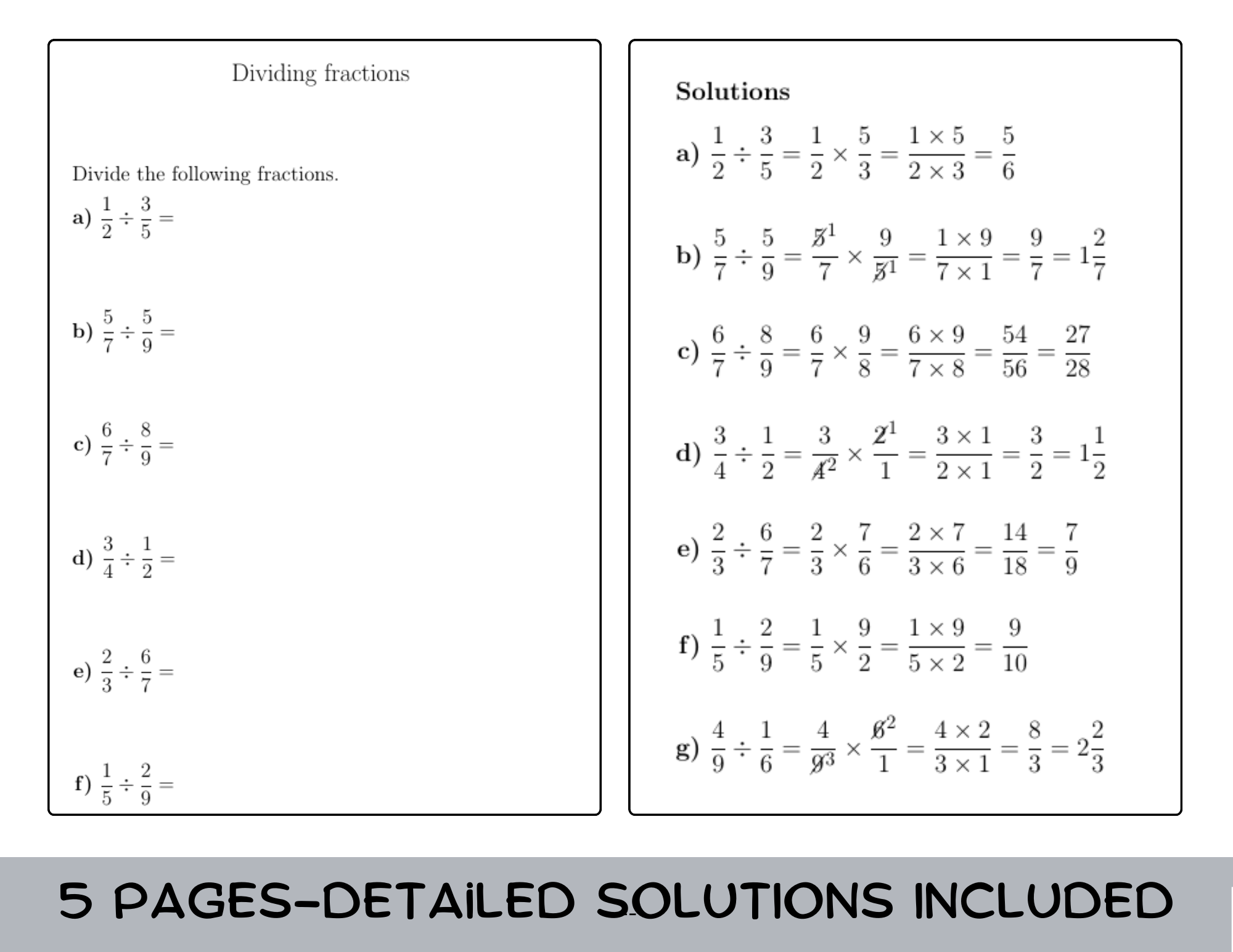 Dividing Fractions Worksheet with Solutions Teaching Resources