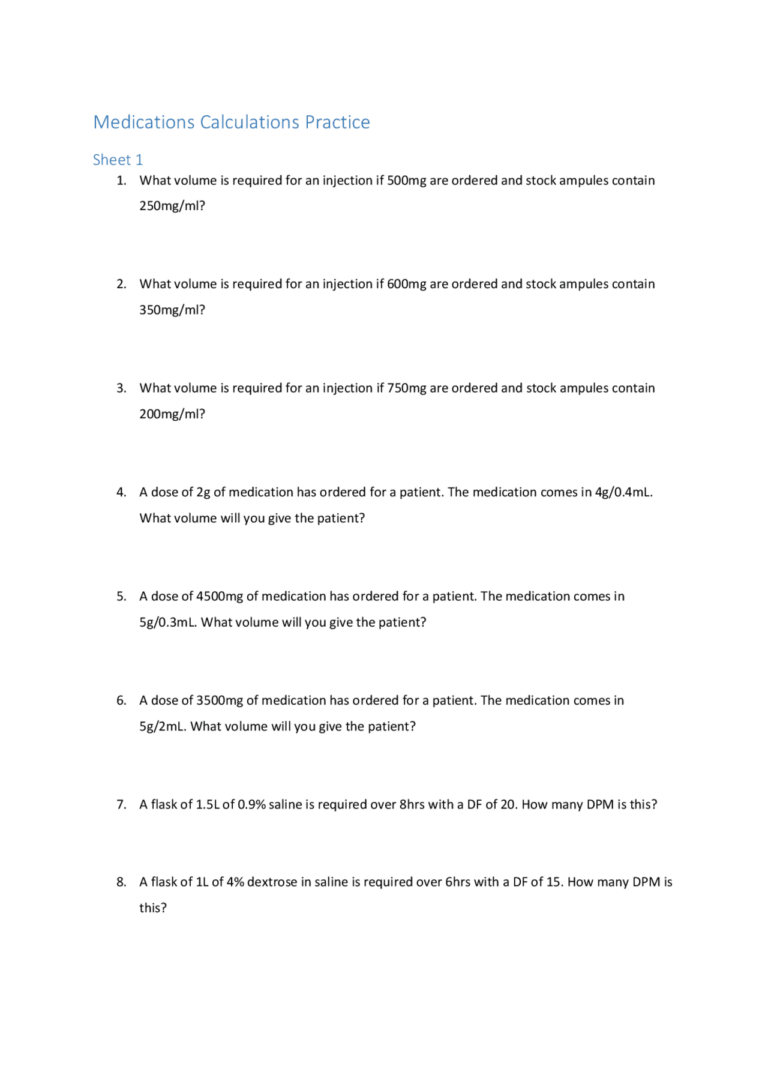 Dosage Calculation Practice Worksheets With Answers Exercises Pharmaceutical Statistics Docsity
