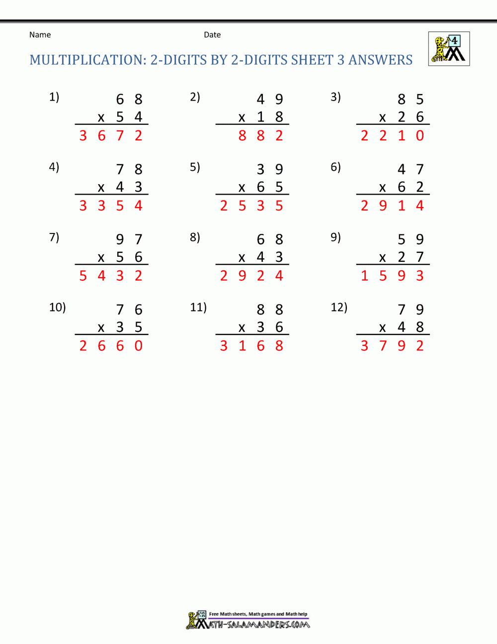 Free Printable 4 Digit Multiplication Worksheets Free Printable 4 Digit Multiplication Worksheets