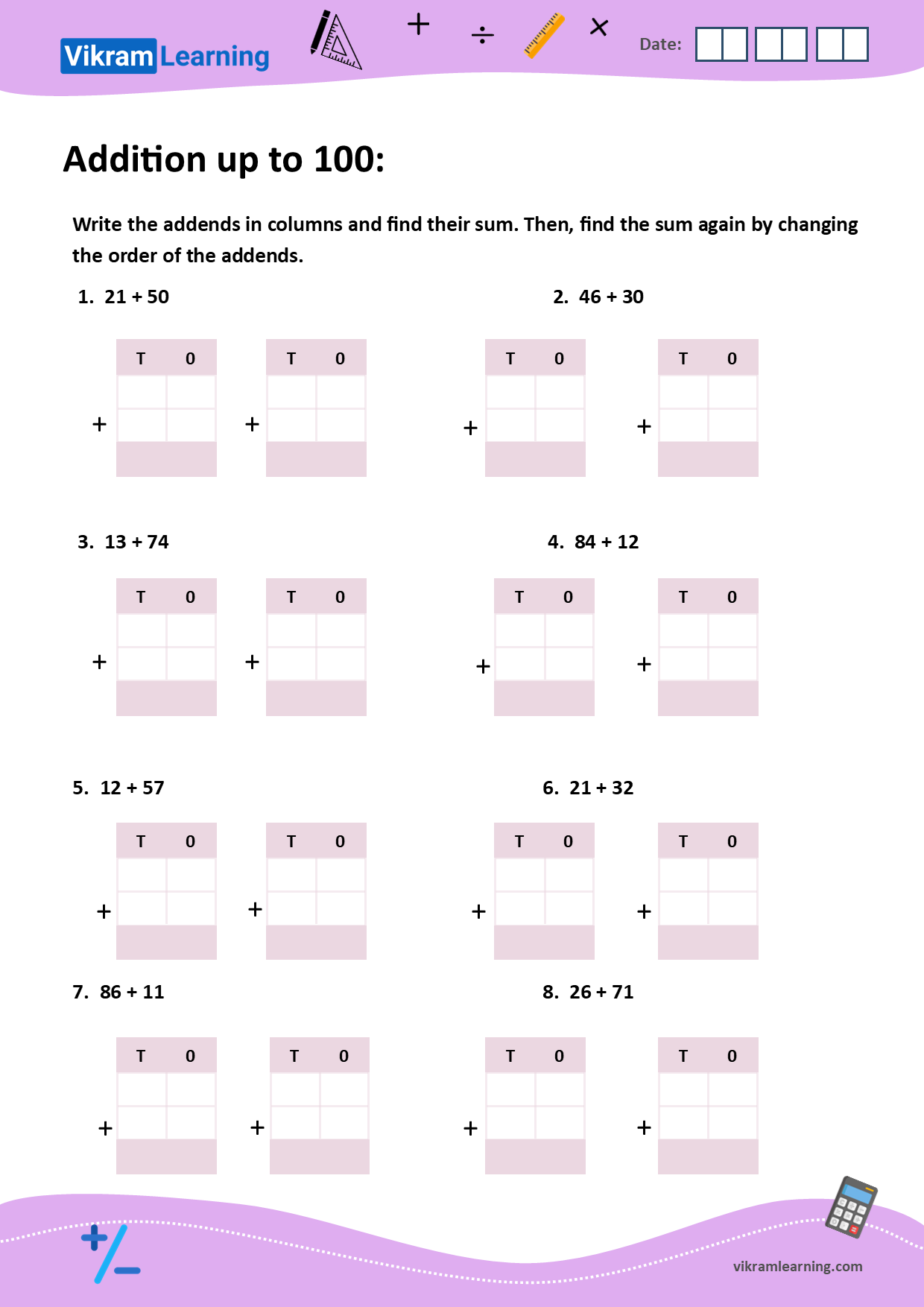 Printable Addition Worksheet 100