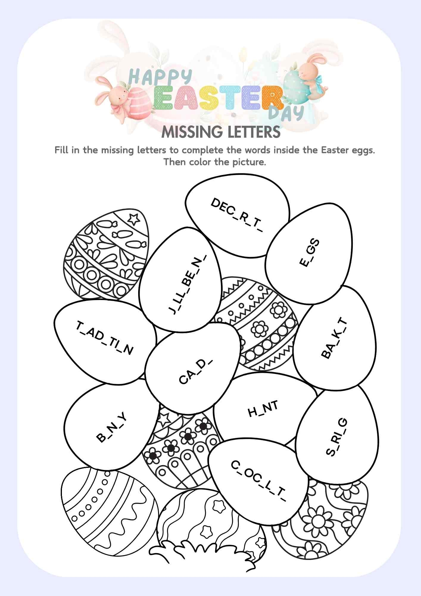 Easter Day Fill In The Missing Letters And Color Easter Eggs Free Printable Pdf Ezpzlearn