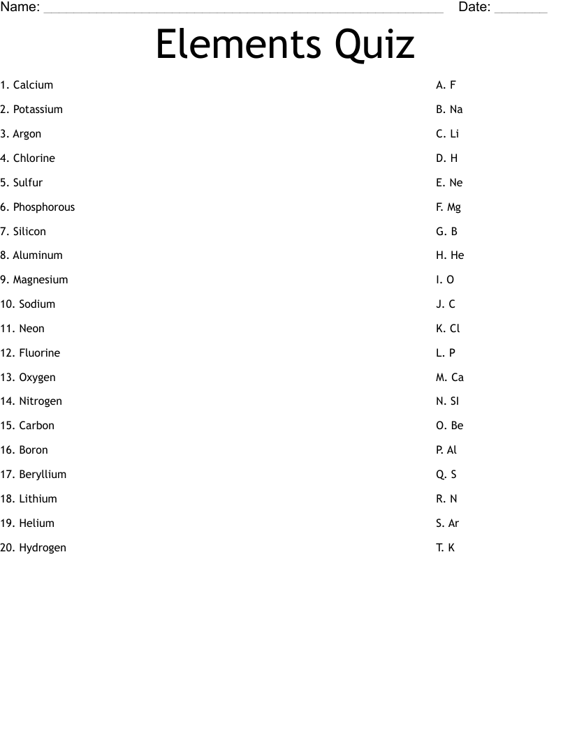 Elements Quiz Worksheet WordMint Elements Quiz Worksheet WordMint
