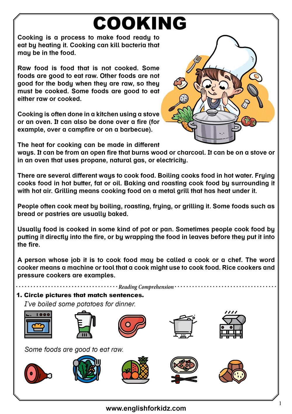 English For Kids Step By Step Reading Comprehension Worksheets Food And Cooking English For Kids Step By Step Reading Comprehension Worksheets Food And Cooking