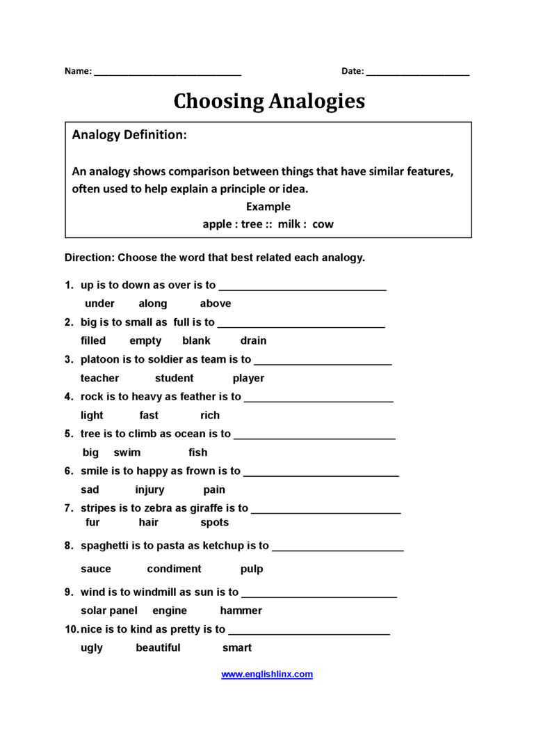 Englishlinx Analogy Worksheets