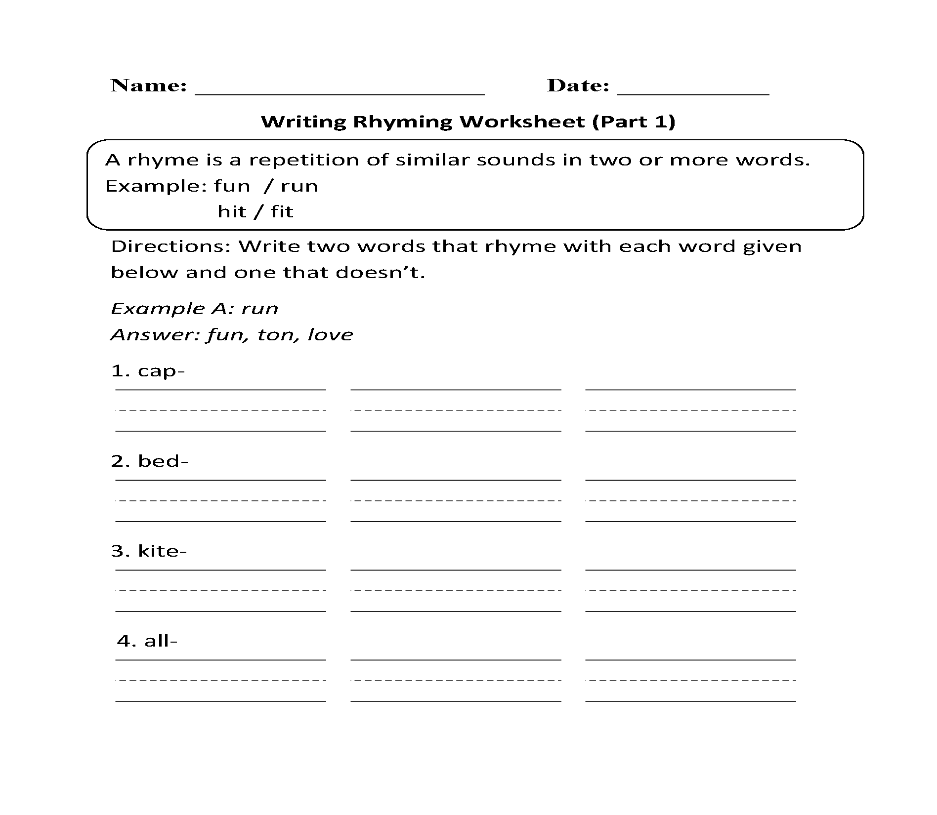Printable Rhyming Worksheets Printable Rhyming Worksheets