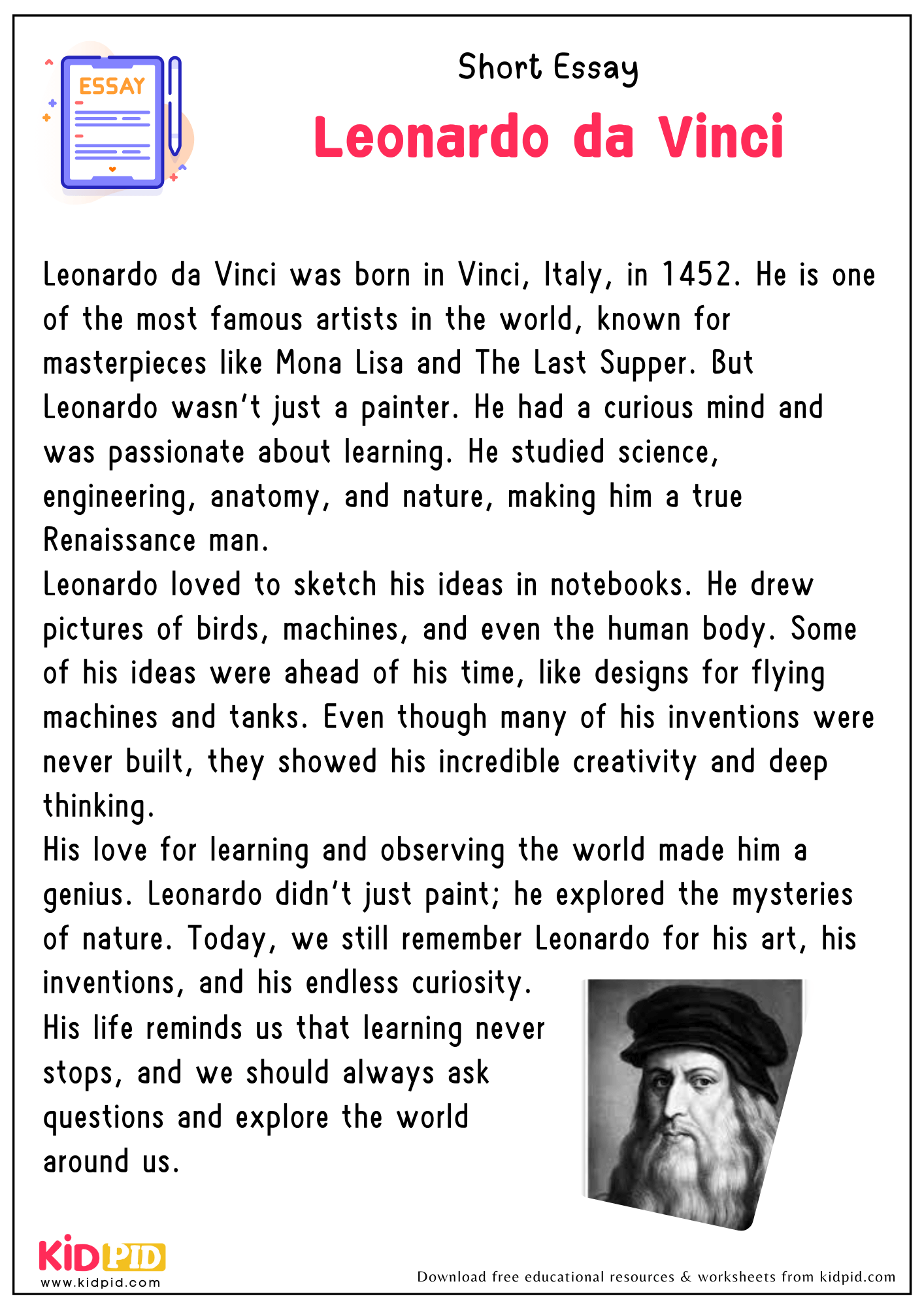 Leonardo Da Vinci Free Printable Worksheets