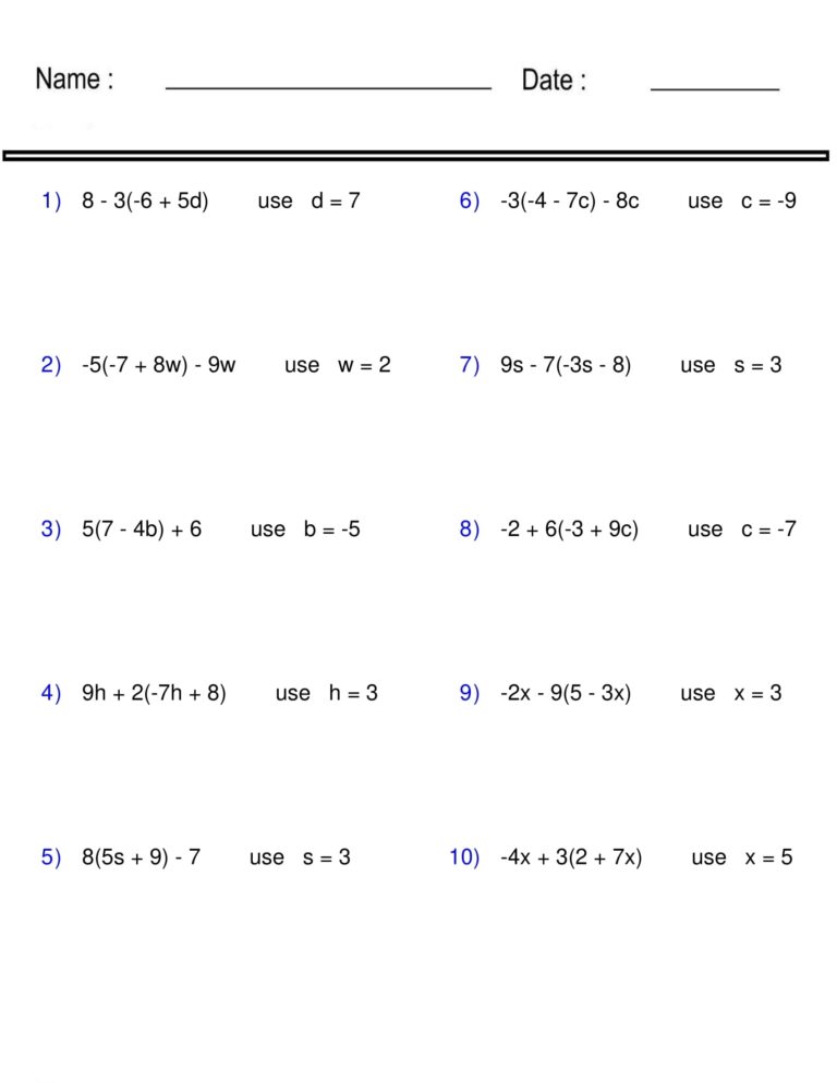 Evaluating Algebraic Expressions Worksheet One Variable Pre Algebra Made By Teachers