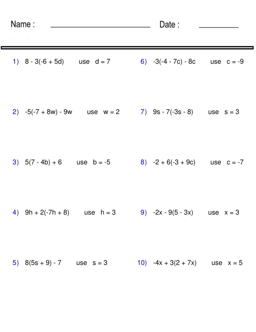Evaluating Algebraic Expressions Worksheet One Variable Pre Algebra Made By Teachers