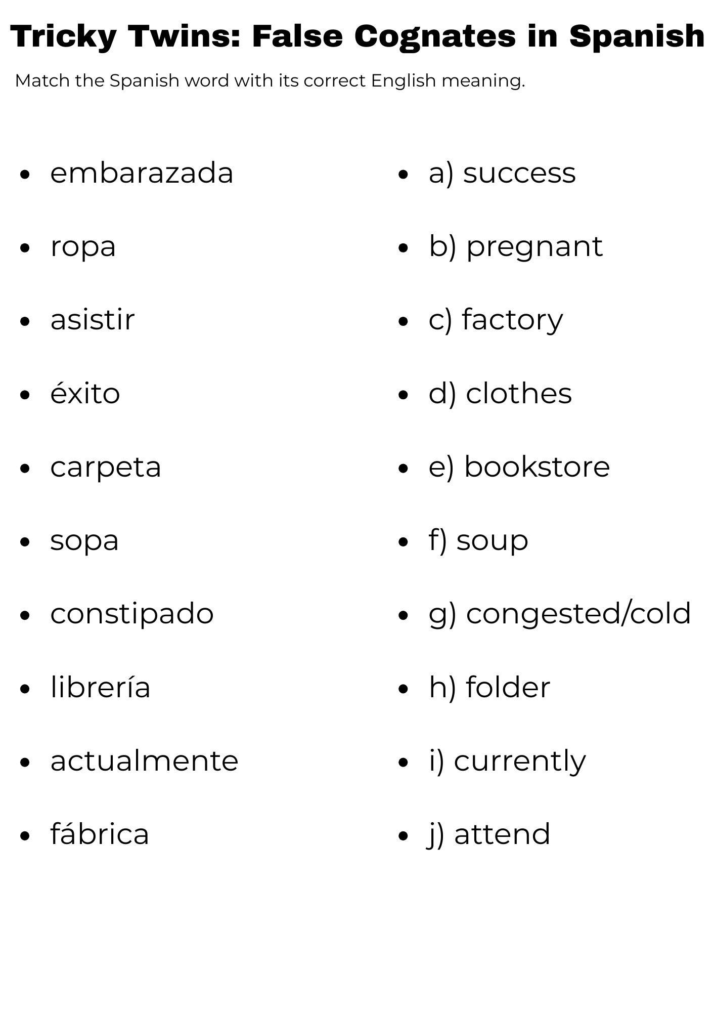 False Cognates Spanish Worksheet Made By Teachers