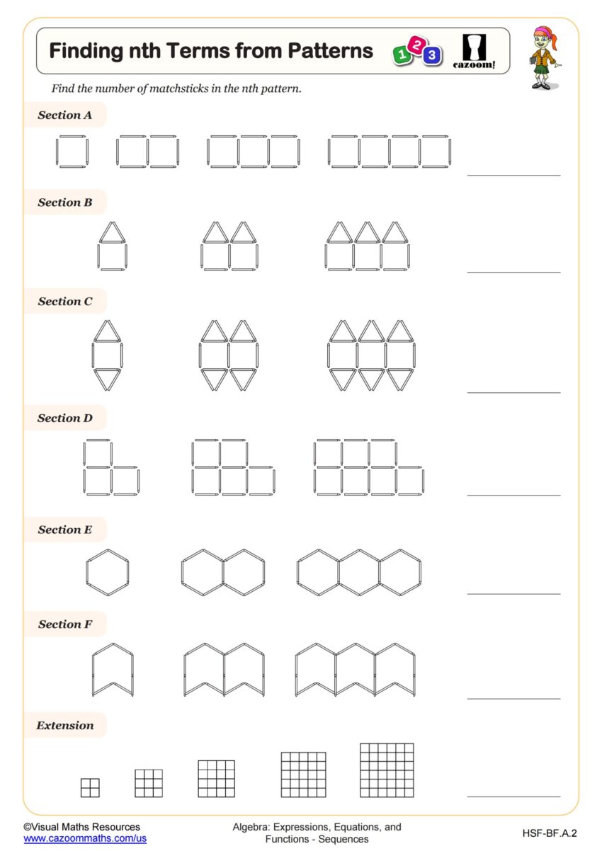 Finding Nth Terms From Patterns Worksheet PDF Printable Algebra