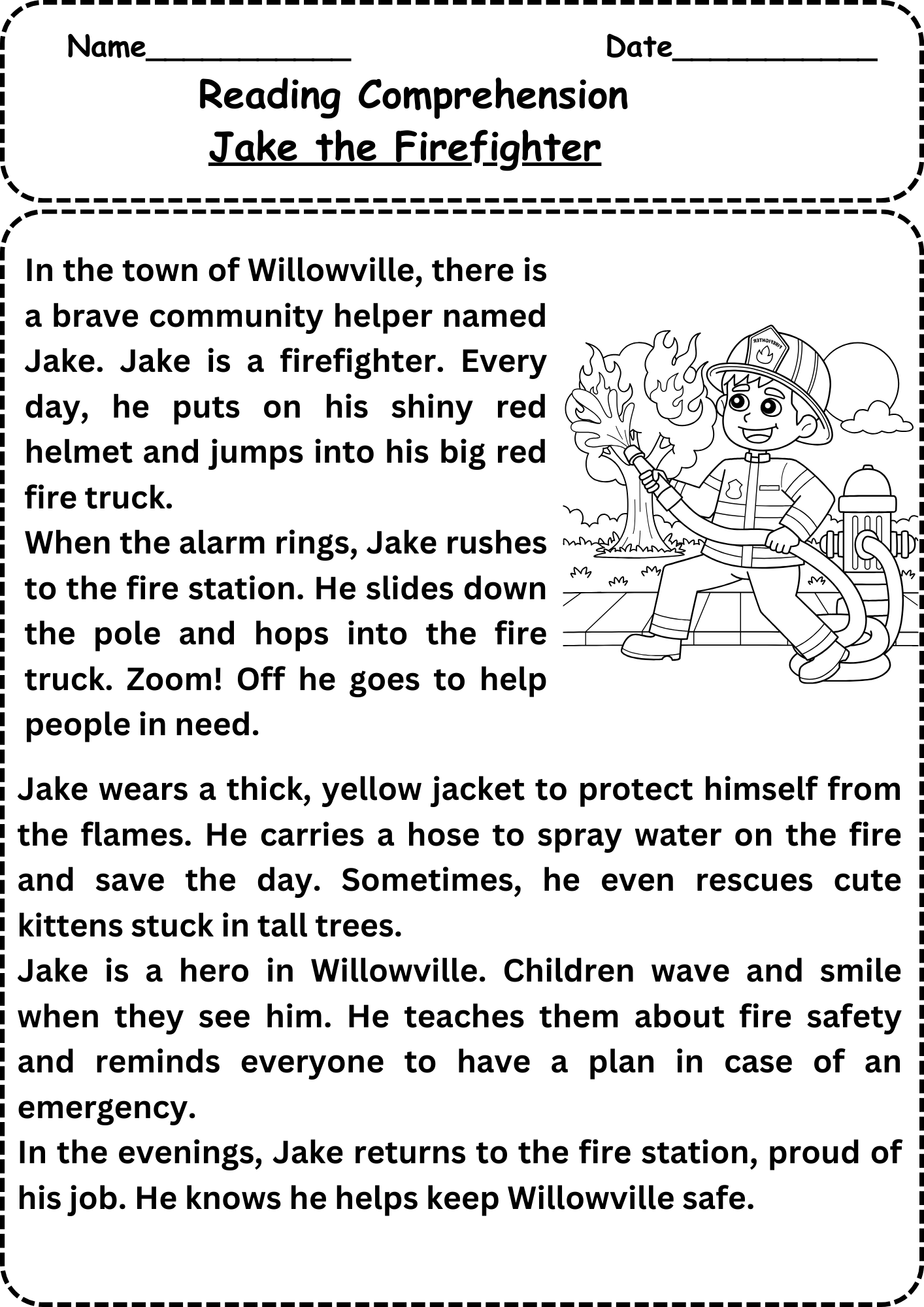 Firefighter Reading Comprehension Worksheet Free