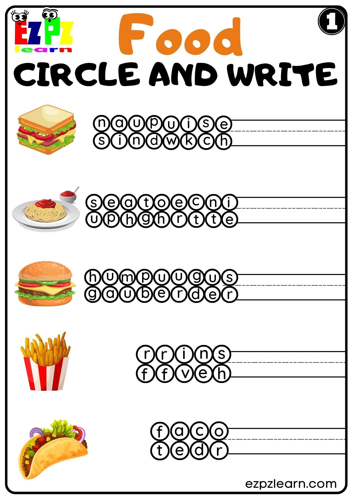 Food Circle And Write Worksheet For ESL And Kindergarten K5 Set 1 Ezpzlearn Food Circle And Write Worksheet For ESL And Kindergarten K5 Set 1 Ezpzlearn