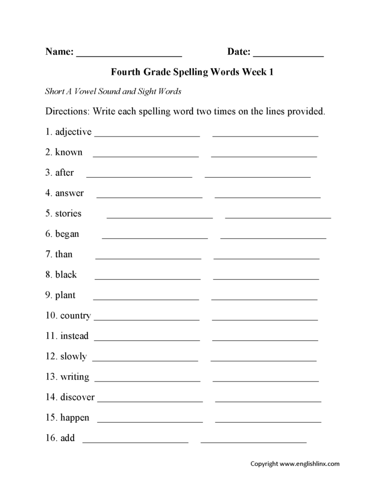 Fourth Grade Spelling Worksheets Free Printable Word Lists Practice