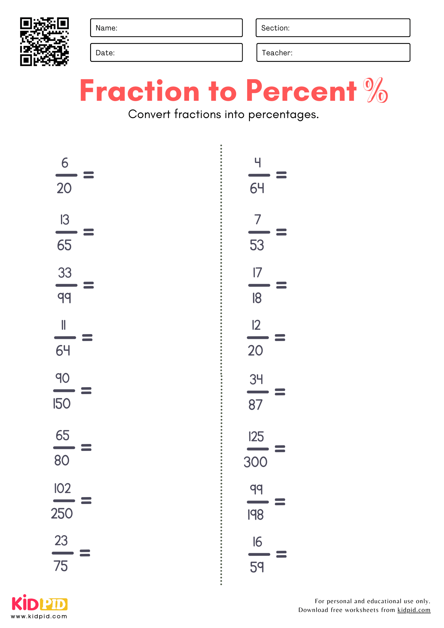Fraction To Percent Worksheet For Grade 6 Kidpid