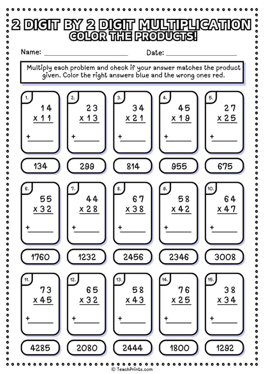 Free 2 Digit By 2 Digit Multiplication Worksheets Teach Prints