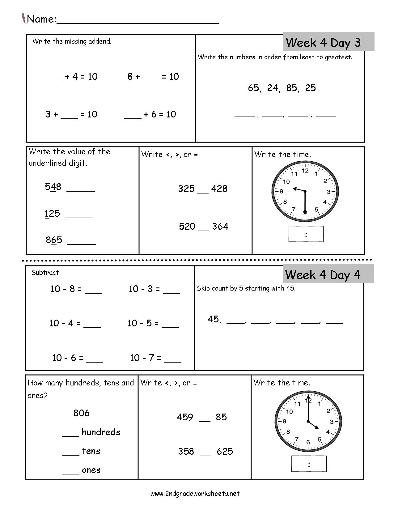 Second Grade Math Worksheet Free