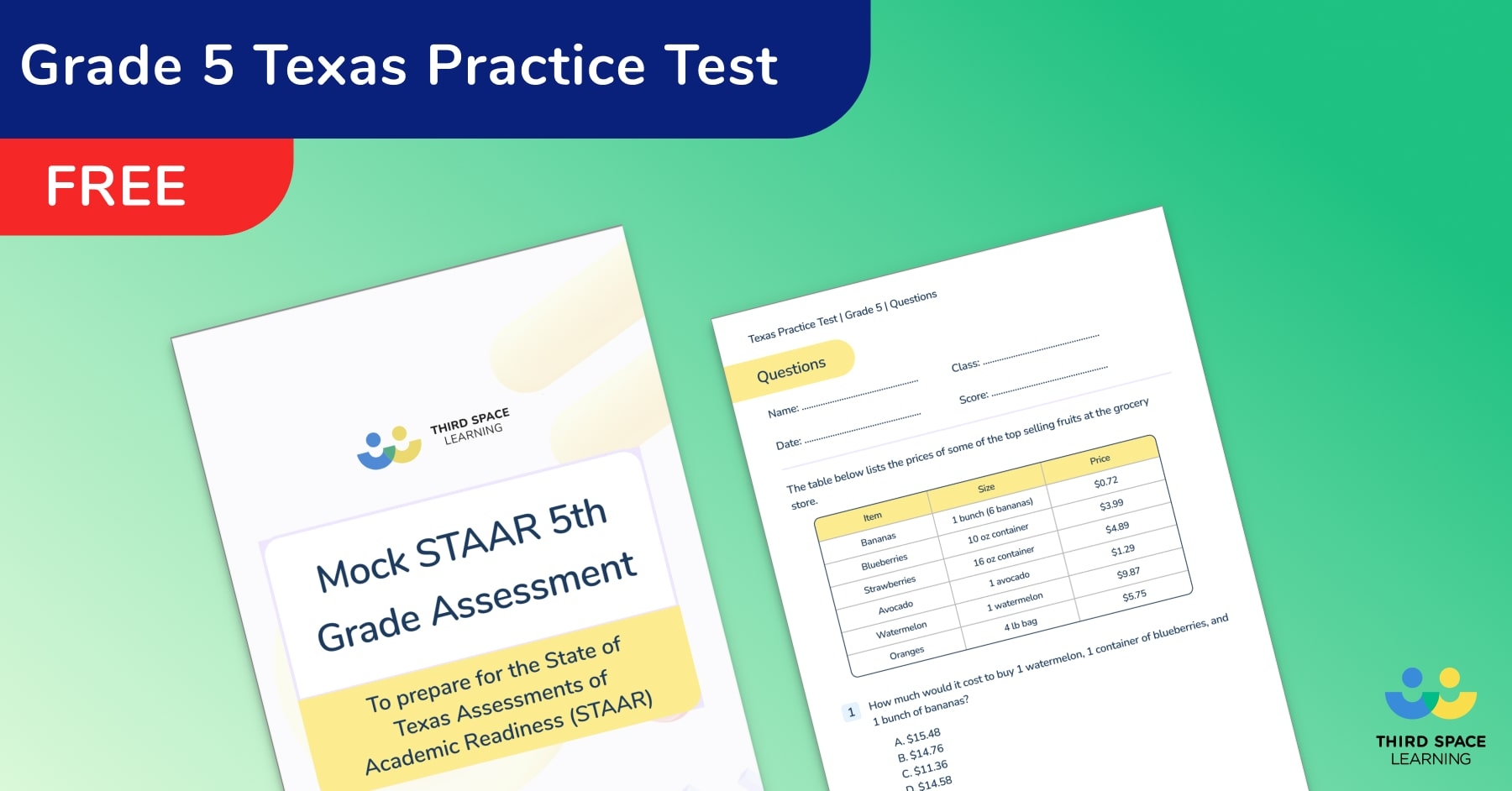 FREE 5th Grade Texas STAAR Practice Test FREE 5th Grade Texas STAAR Practice Test