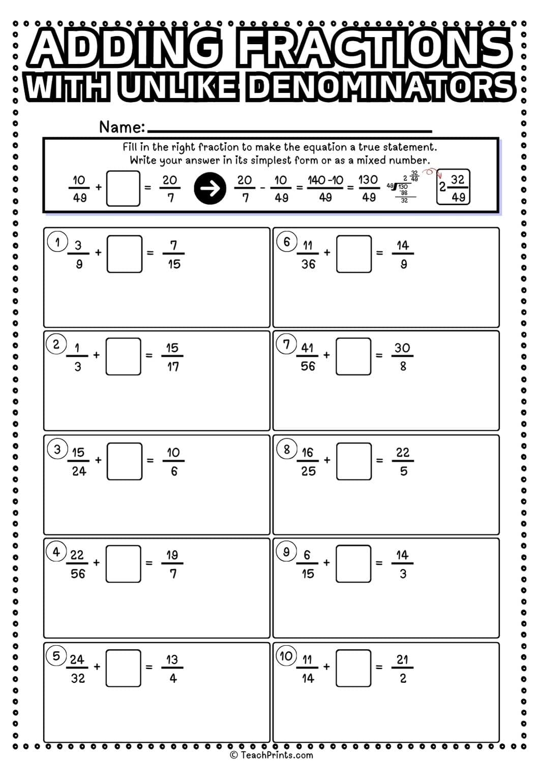 Free Printable Addition Fractions Worksheet