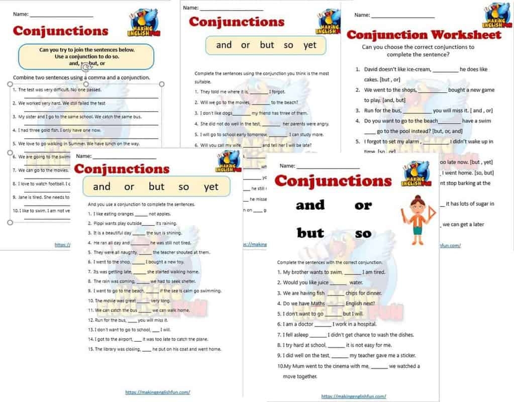 FREE Conjunctions WorksheetsMaking English Fun