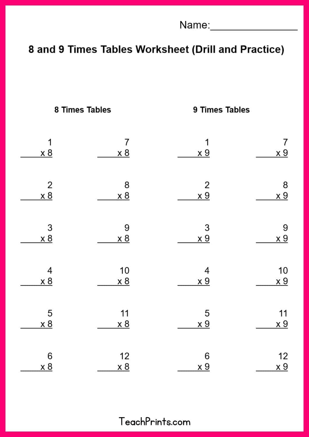 Free Nine Times Tables Worksheets 8 Versions Teach Prints