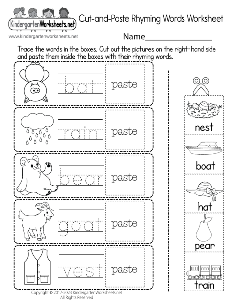 Free Printable Cut and Paste Rhyming Words Worksheet