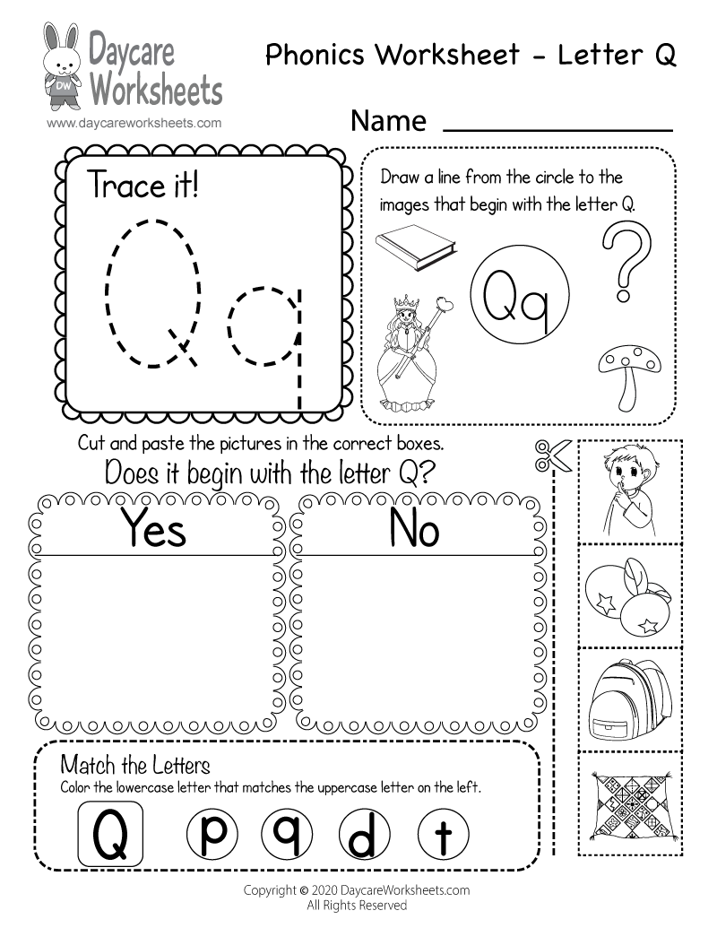 Free Printable Letter Q Beginning Sounds Phonics Worksheet For Preschool