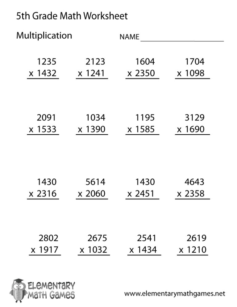 Free Printable Multiplication Worksheet For Fifth Grade