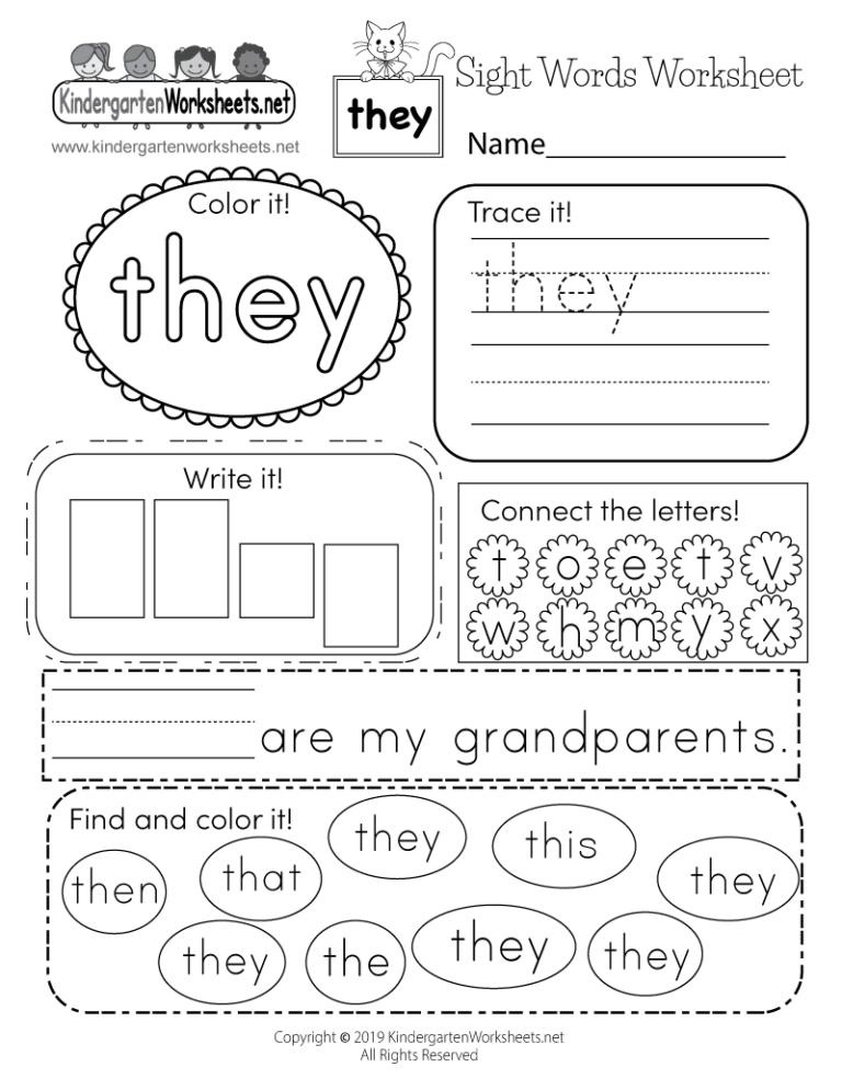 Free Printable Sight Word they Worksheet