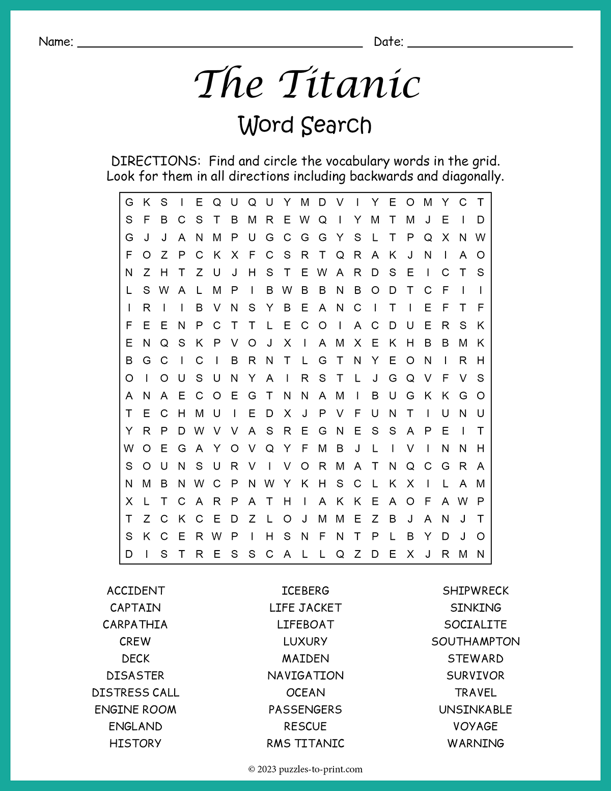 Free Printable Titanic Worksheets Pdf