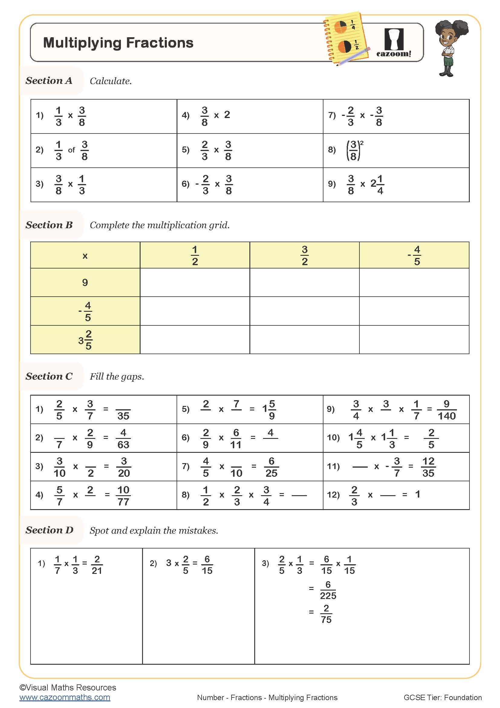 Multiplying Fractions Worksheet Free Printable