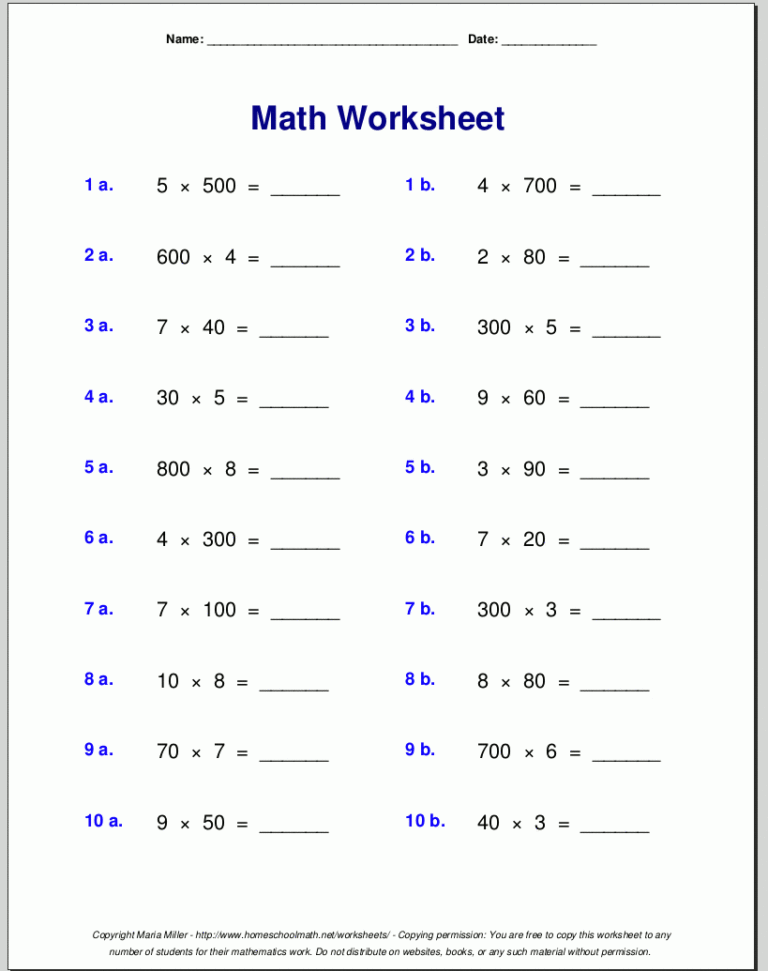 Grade 4 Multiplication Worksheets