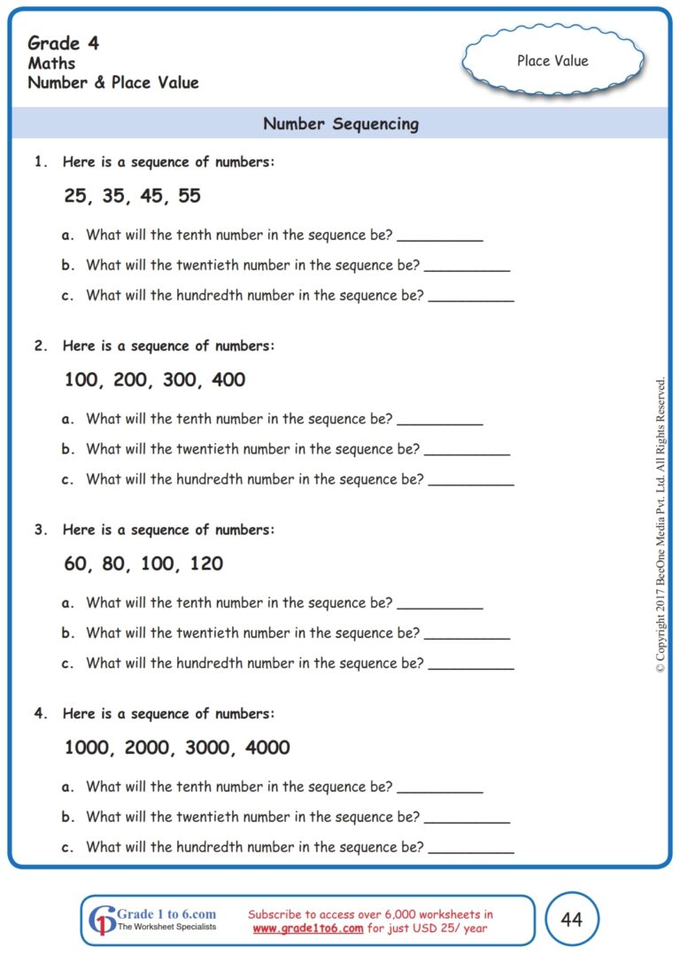 Grade 4 Number Sequences Worksheets www grade1to6 Worksheets Library
