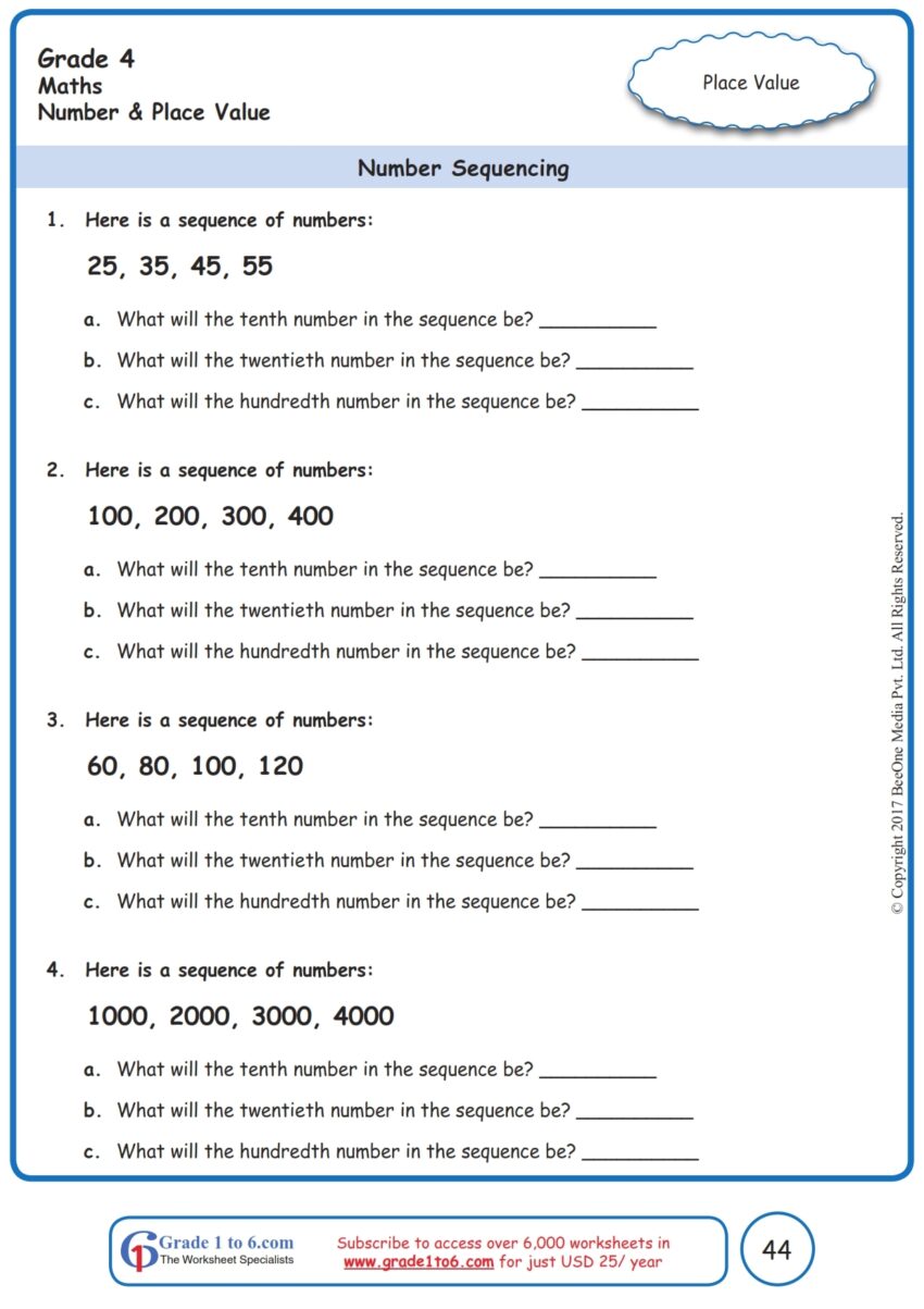 Grade 4 Number Sequences Worksheets www grade1to6 Worksheets Library