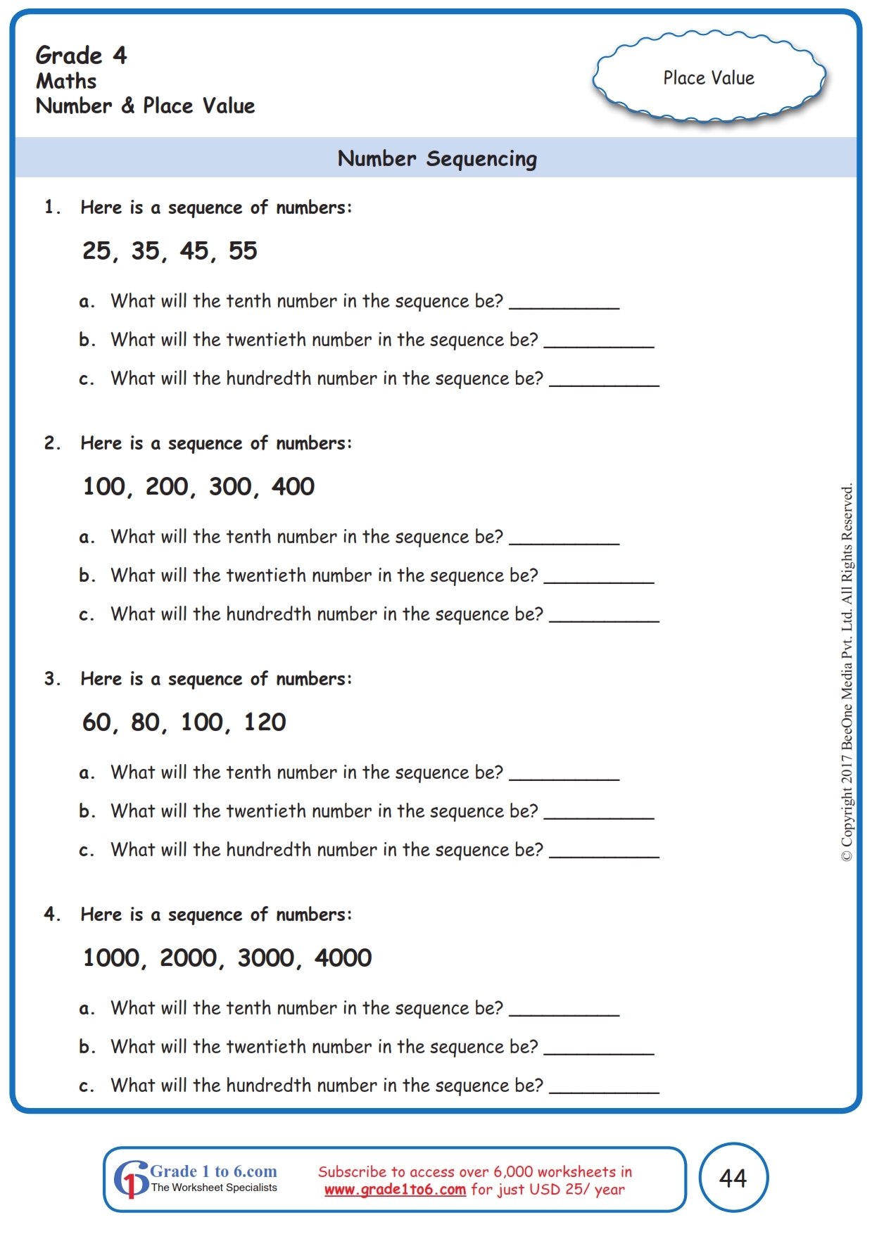 Grade 4 Number Sequences Worksheets www grade1to6 Worksheets Library