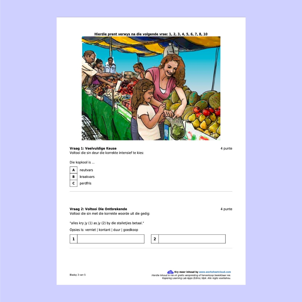 Grade 5 Afrikaans Pack WorksheetCloud