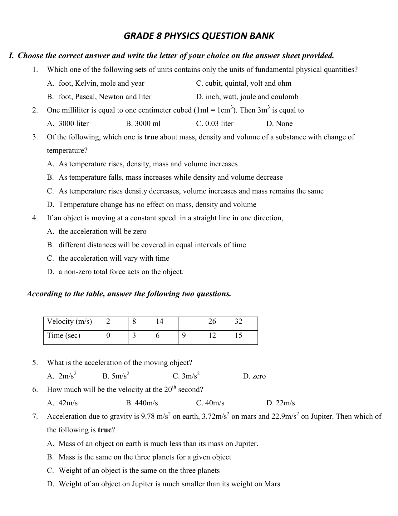 Grade 8 Physics Question Bank Grade 8 Physics Question Bank