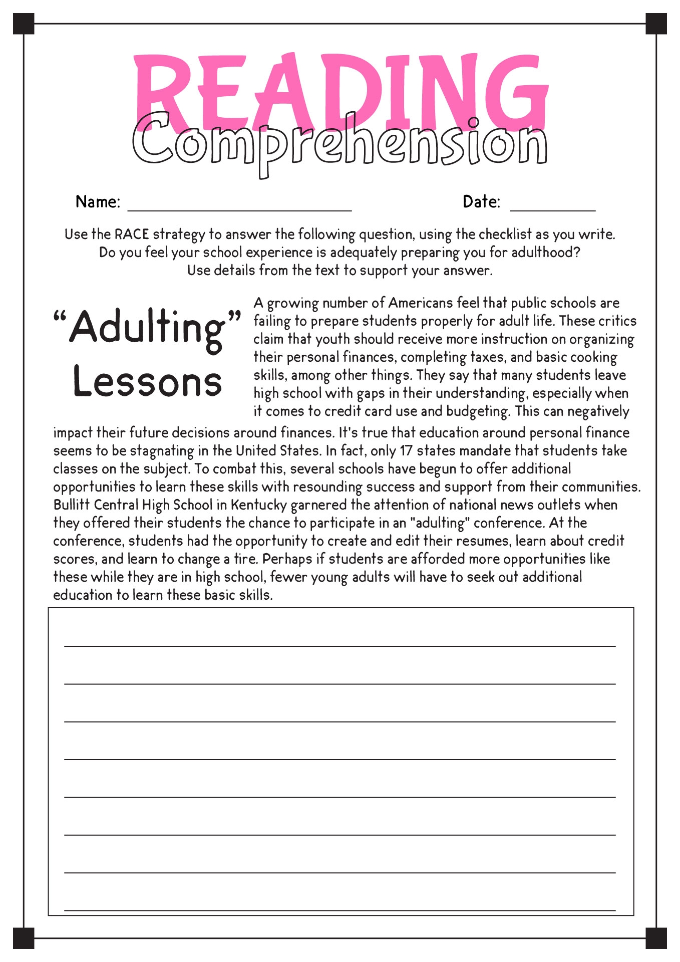 Grade 9 Reading Comprehension Worksheets Reading Comprehension 