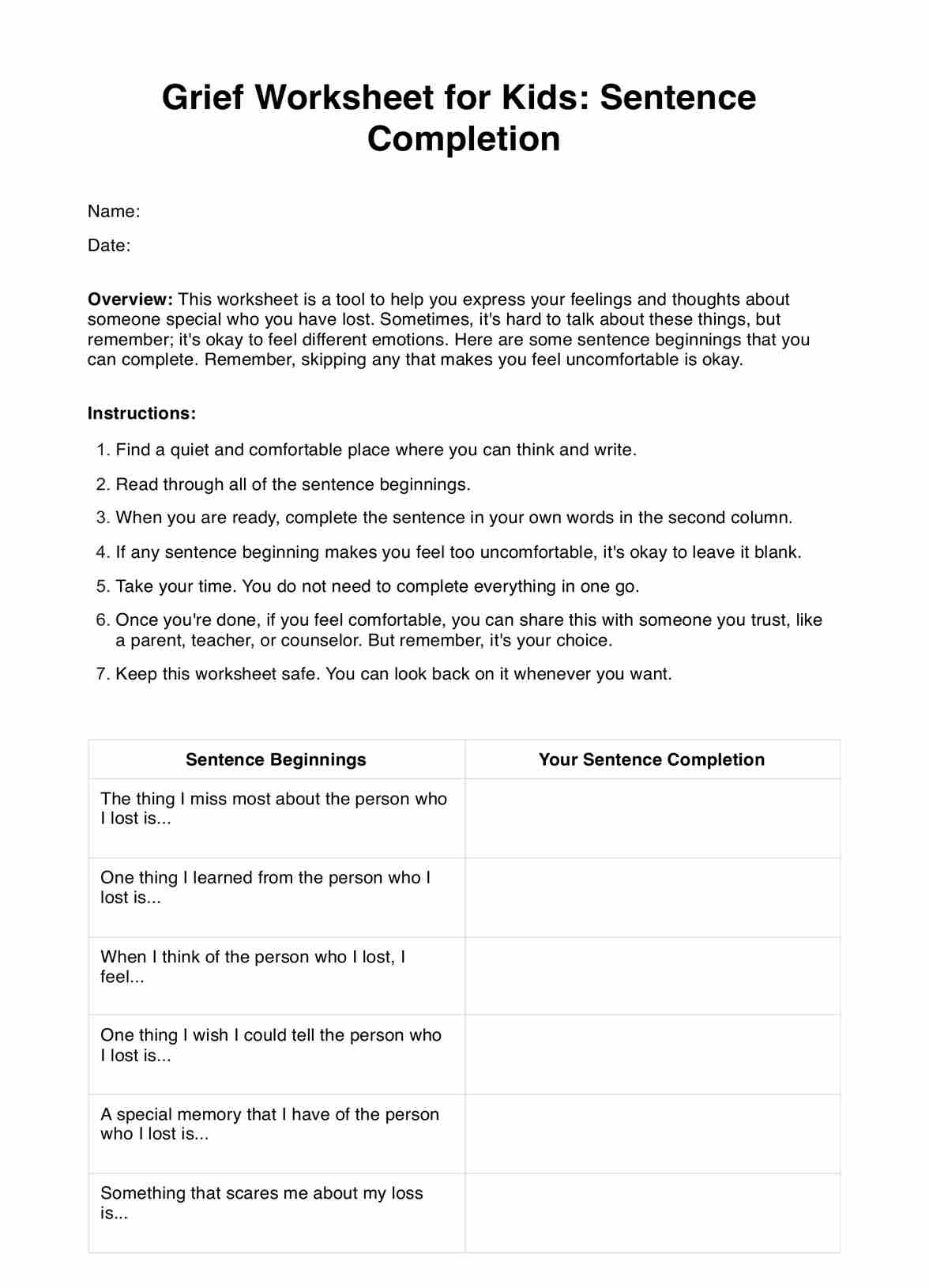 Grief Worksheet For Kids U0026 Example Free PDF Download Grief Worksheet For Kids U0026 Example Free PDF Download