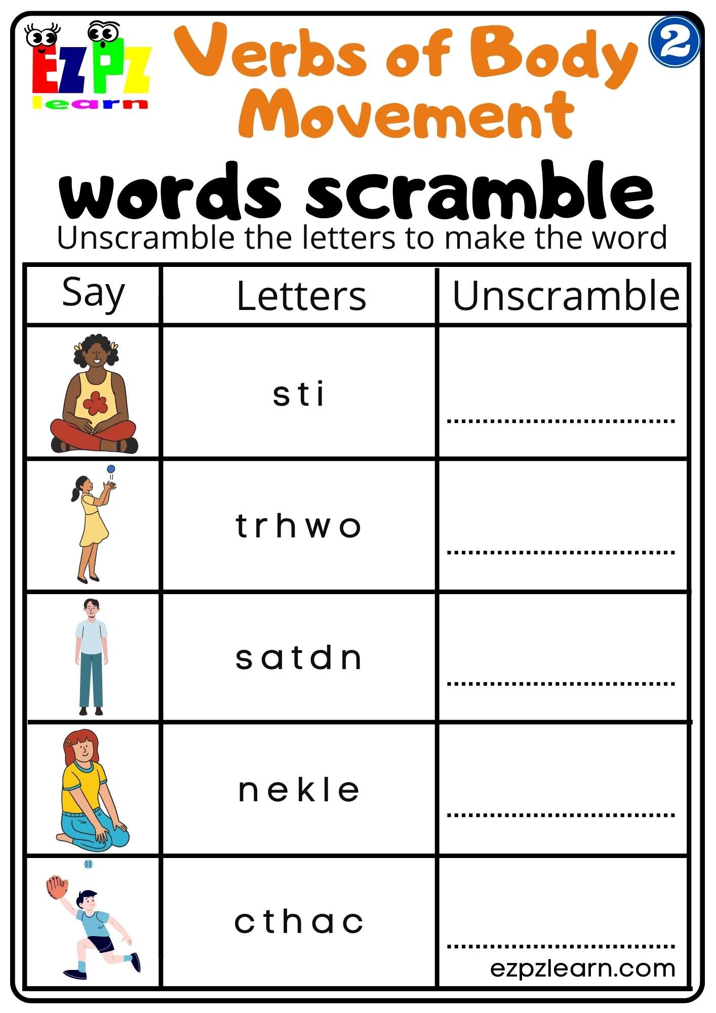 Group 2 Verbs Of Body Movement Word Scramble Worksheet Free PDF Download For Homeschool And ESL Teachers Ezpzlearn Group 2 Verbs Of Body Movement Word Scramble Worksheet Free PDF Download For Homeschool And ESL Teachers Ezpzlearn