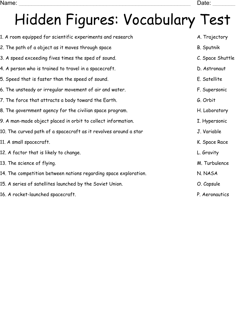 Hidden Figures Vocabulary Test Worksheet WordMint Hidden Figures Vocabulary Test Worksheet WordMint