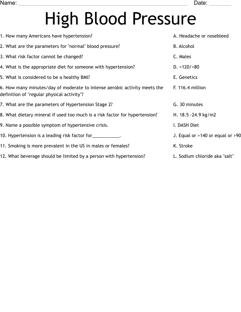High Blood Pressure Worksheet WordMint High Blood Pressure Worksheet WordMint