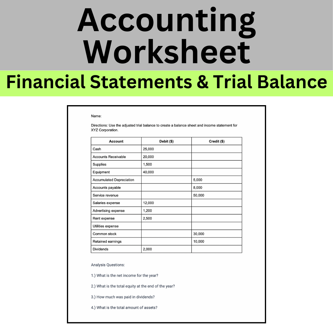 High School Accounting Worksheet Financial Statements Trial Balance Classful High School Accounting Worksheet Financial Statements Trial Balance Classful