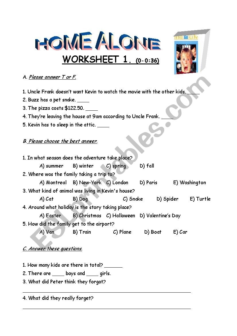 Printable Home Alone Movie Worksheet Printable Home Alone Movie Worksheet