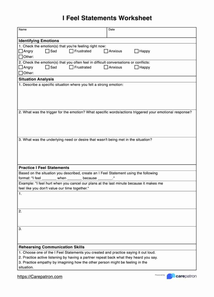I Feel Statements Worksheets