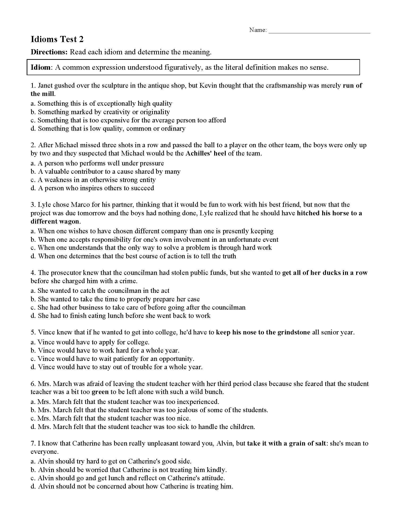 Free Idioms Worksheets Grade 2 Free Idioms Worksheets Grade 2