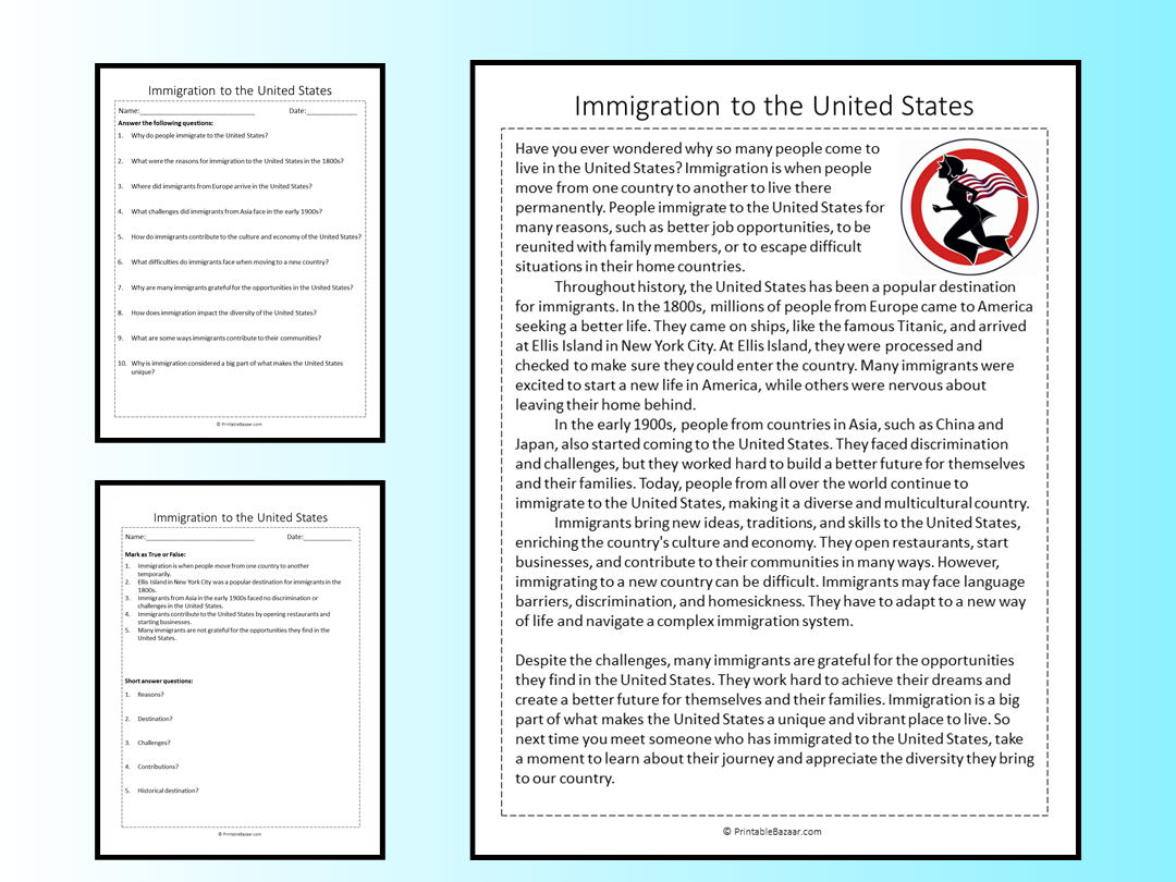Immigration To The United States Reading Comprehension Passage Printable Worksheet Teaching Resources