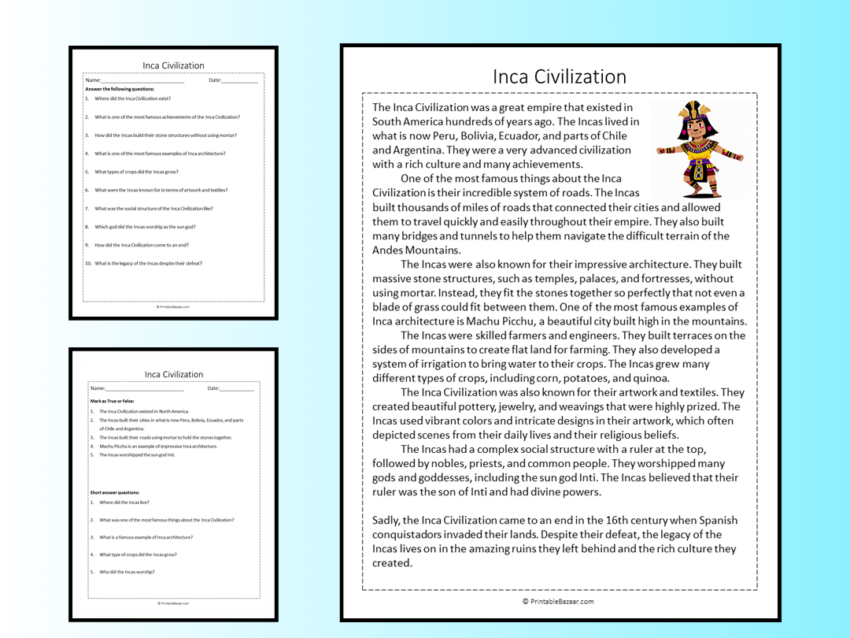 Inca Civilization Reading Comprehension Passage Printable Worksheet Teaching Resources