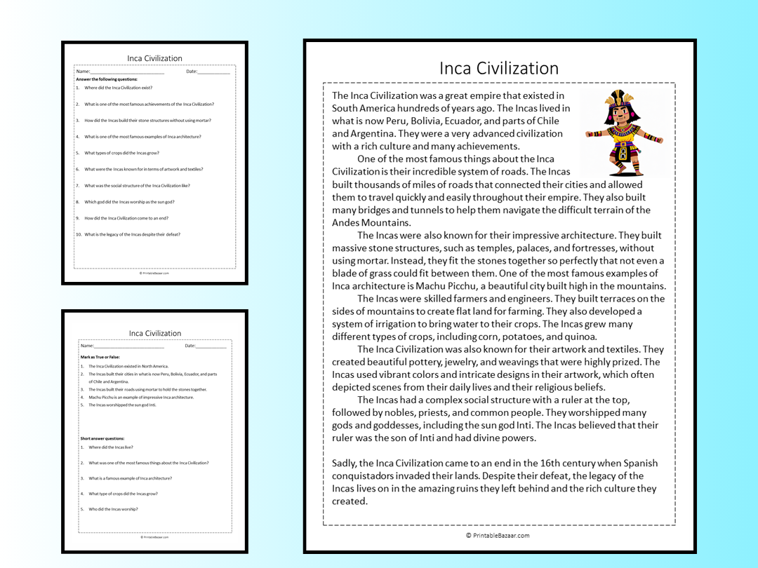 Inca Civilization Reading Comprehension Passage Printable Worksheet Teaching Resources Inca Civilization Reading Comprehension Passage Printable Worksheet Teaching Resources